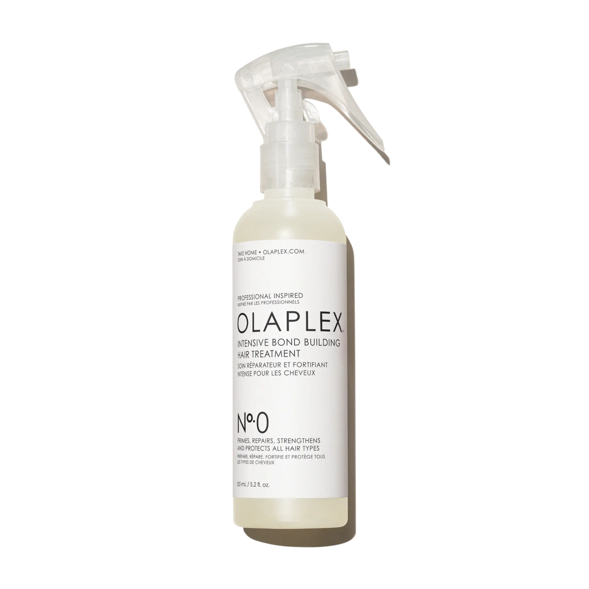 Olaplex bond building hair treatment spray bottle on a white background
