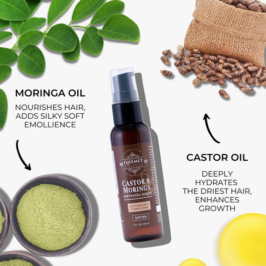 Castor & Moringa Serum with ingredients and text on a white background