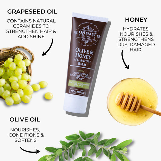 Olive & Honey Hydrating Balm with grapes, honey, and olive leaves on a white background