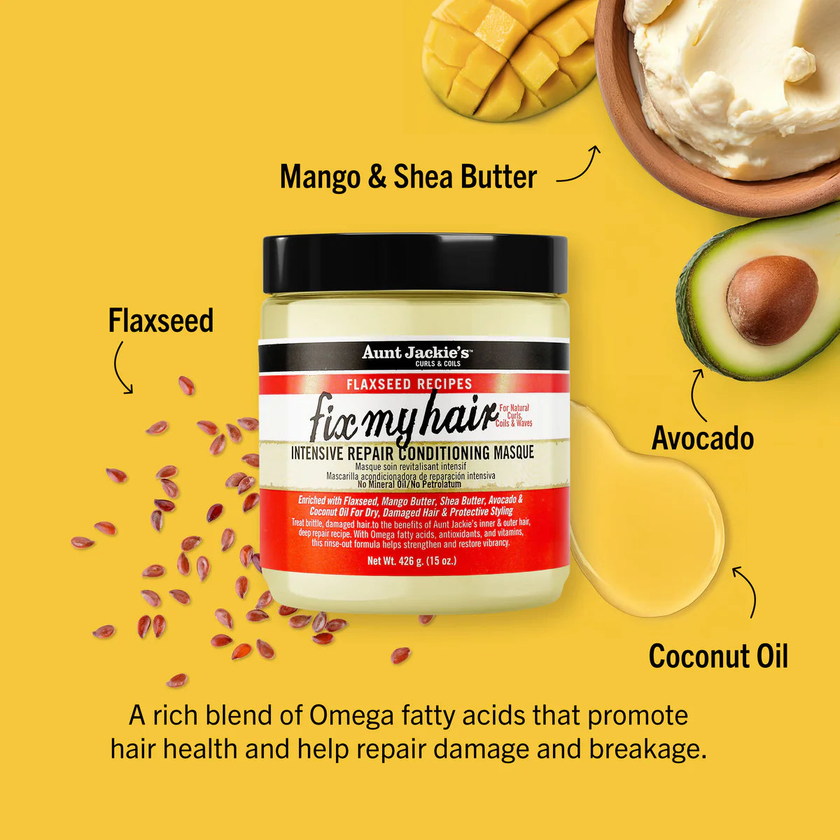 Conditioning masque jar with mango, shea butter, flaxseed, avocado, and coconut oil elements on a yellow background.