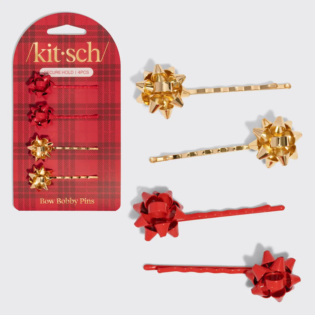 Kitsch Holiday Metal Gift Bow Bobby Pins 4pc Set- Red & Gold