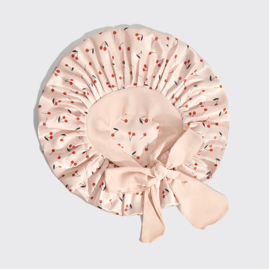 Kitsch Adjustable Oversized Satin Bonnet-Cherry Print