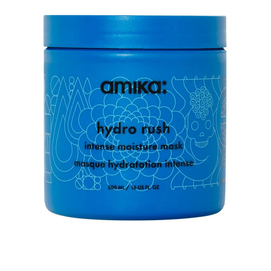 A blue plastic jar of amika Hydro Rush Intense Moisture Mask on a plain white background.
