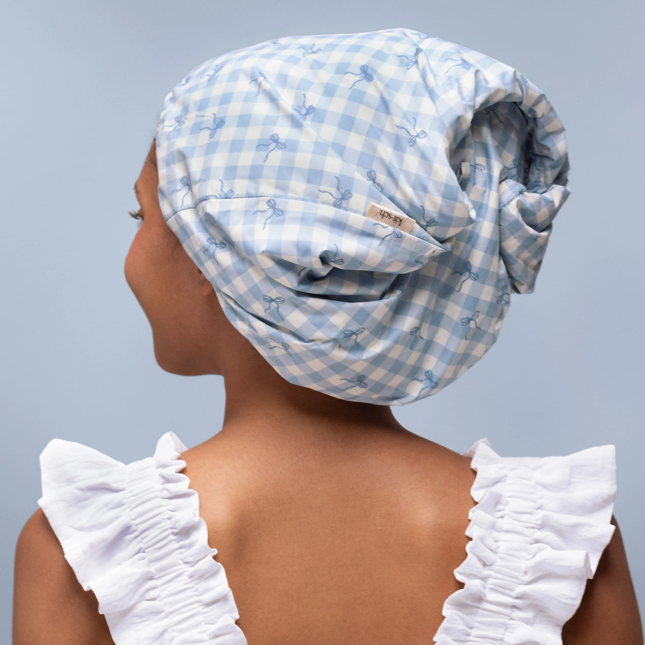 Kitsch Satin Lined Flexi Shower Cap- Gingham Blue