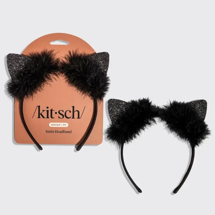 Kitsch Satin Cat Ears Headband - Black Glitter