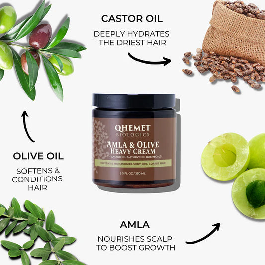 Qhemet Biologics Amla & Olive Heavy Cream with ingredients and benefits displayed.
