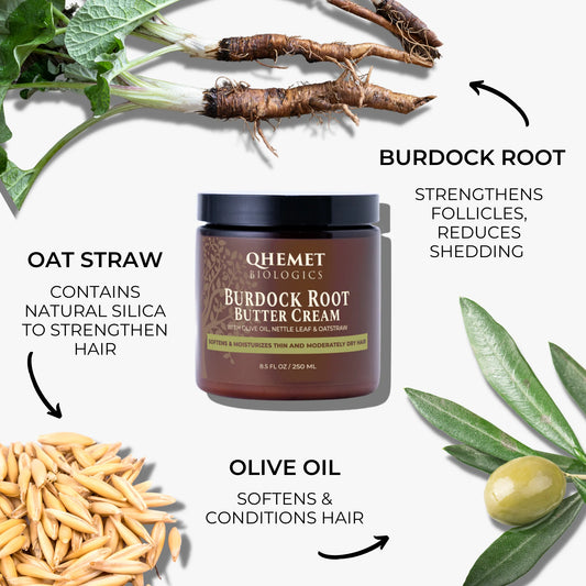 Qhemet Biologics Burdock Root Butter Cream jar with ingredients like burdock root, oat straw, and olive oil displayed around it.