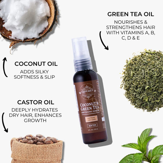 Coconut oil, castor oil, and green tea ingredients with a bottle of Qhemet Coconut & Green Tea Softening Serum.