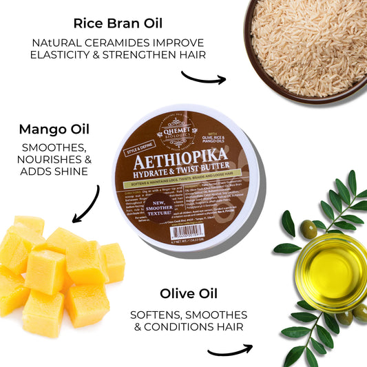 Aethiopika hydrate and twist butter with ingredients like rice bran, mango, and olive oil on a white background.