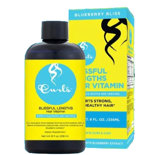 A bottle and packaging of Curls Blueberry Bliss Blissful Lengths Hair Vitamin, with predominantly yellow and black colors and blue text accents.
