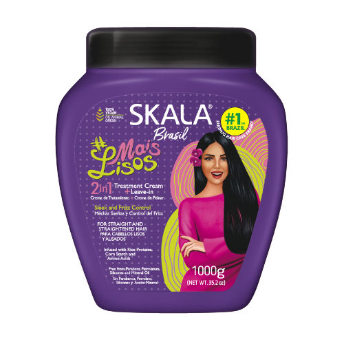 Purple Skala Brasil hair treatment cream jar with a woman's face on the label.