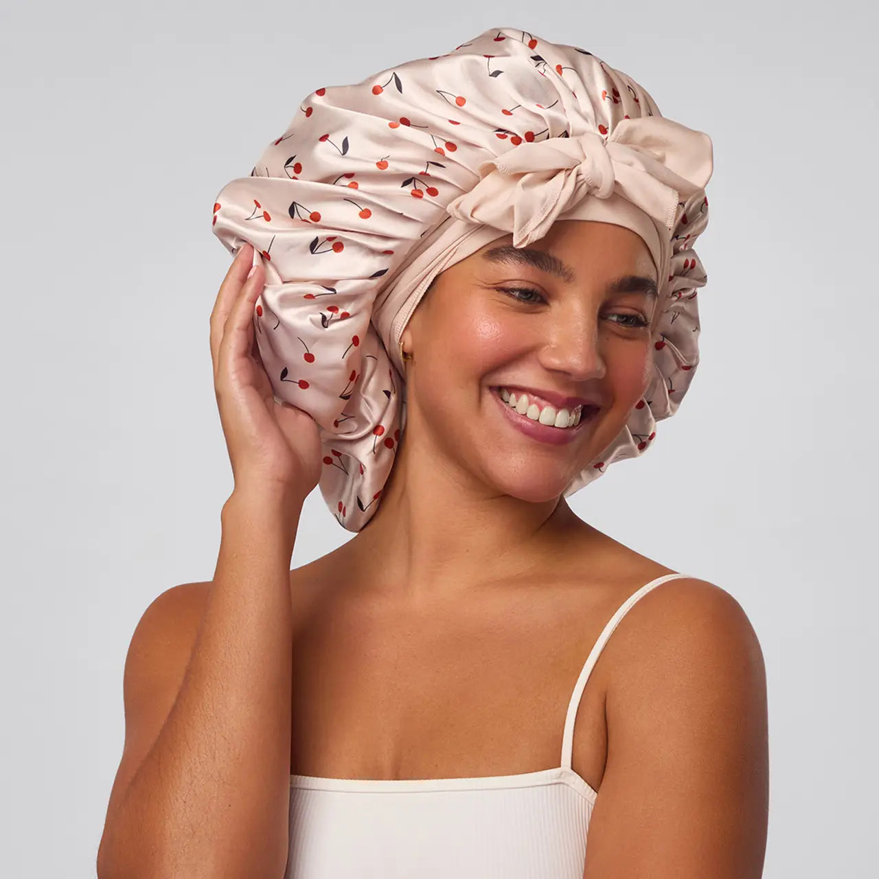 Kitsch Adjustable Oversized Satin Bonnet-Cherry Print