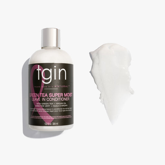 tgin Green Tea Super Moist Leave In Conditioner bottle with a sample on a white background