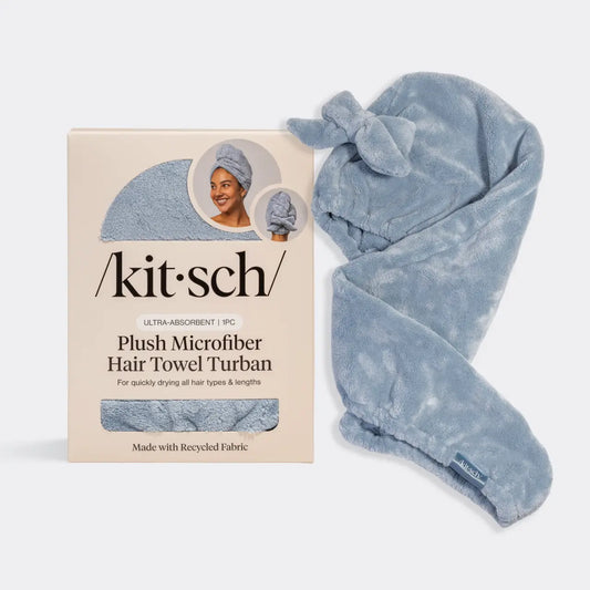 Kitsch Plush Microfiber Hair Towel Turban with Bow- Coastal Blue