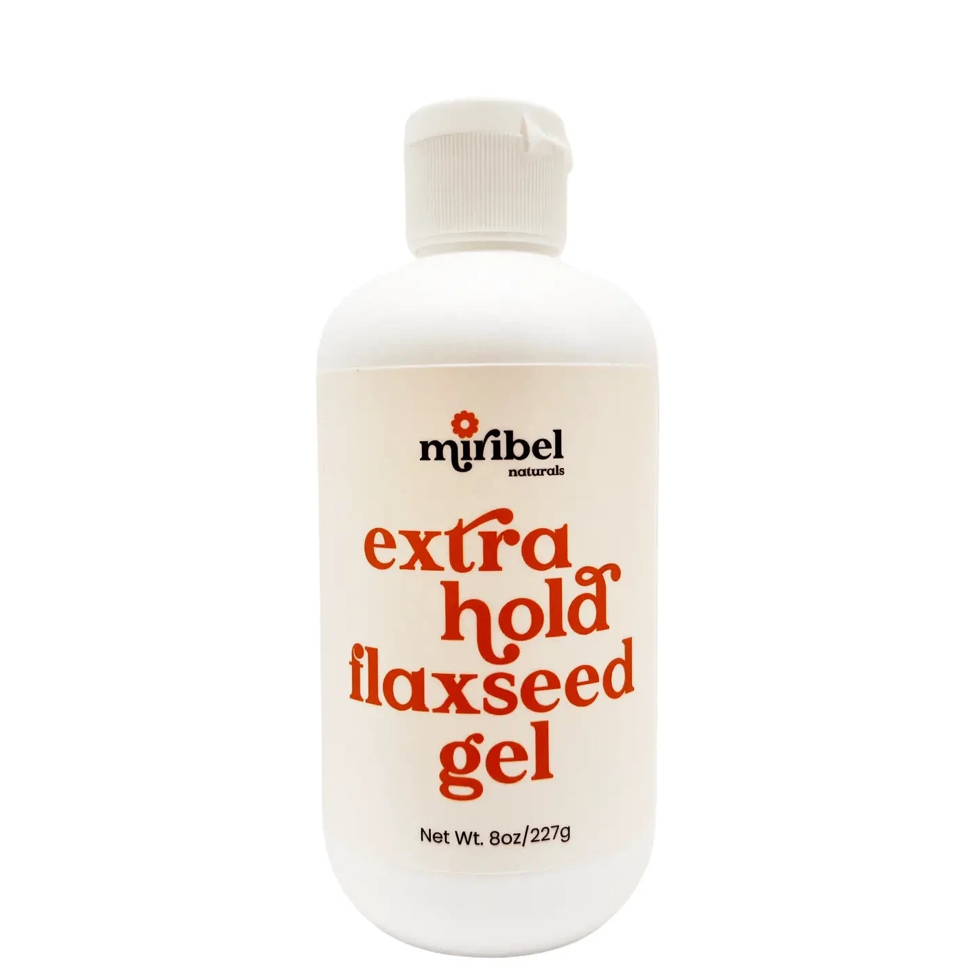 A white bottle of Miribel Naturals Extra Hold Flaxseed Gel with a white cap, featuring a cream-colored label with red and black text, on a solid white background.