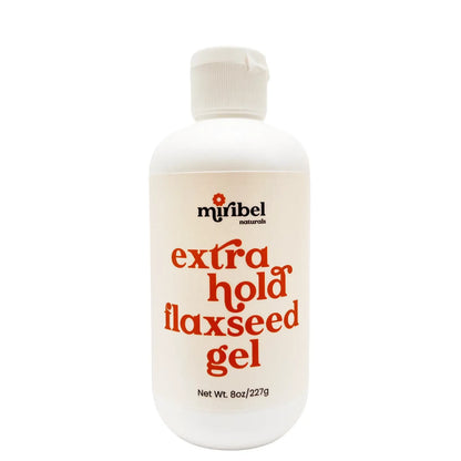 A white bottle of Miribel Naturals Extra Hold Flaxseed Gel with a white cap, featuring a cream-colored label with red and black text, on a solid white background.
