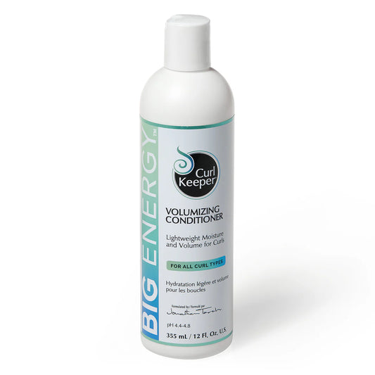 Bottle of Curl Keeper Big Energy Volumizing Conditioner on a white background