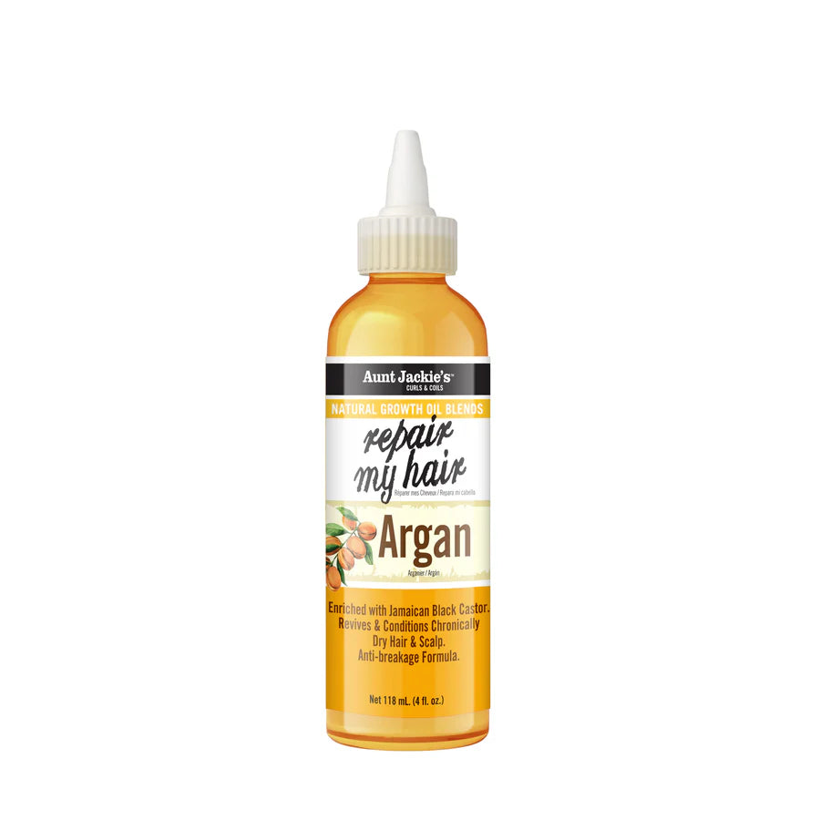 Bottle of Aunt Jackie's Argan hair product on a white background