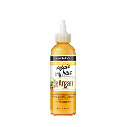 Bottle of Aunt Jackie's Argan hair product on a white background
