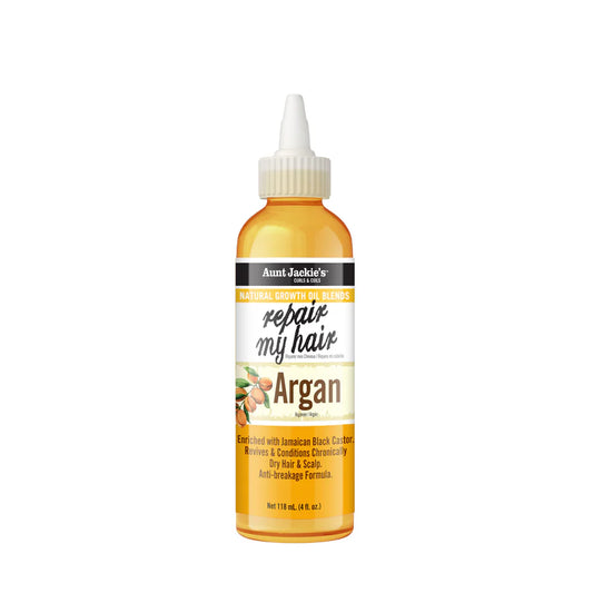 Bottle of Aunt Jackie's Argan hair product on a white background
