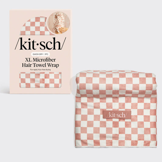 Kitsch XL Microfiber Hair Towel Wrap- Terracotta Checker