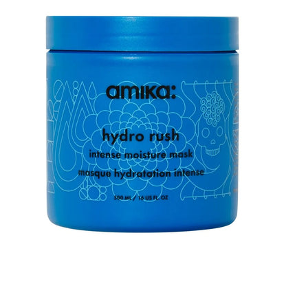 A blue plastic jar of amika Hydro Rush Intense Moisture Mask on a plain white background.