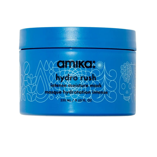 A blue plastic jar of Amika Hydro Rush Intense Moisture Mask, featuring white line art illustrations and black text, on a solid white background.