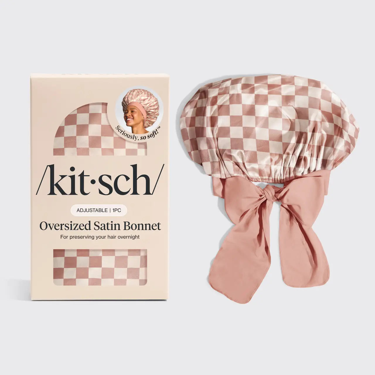 Kitsch Adjustable Oversized Satin Bonnet- Terracotta Checker