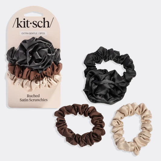 Kitsch Rosette Ruched Satin Scrunchies 3pc Set