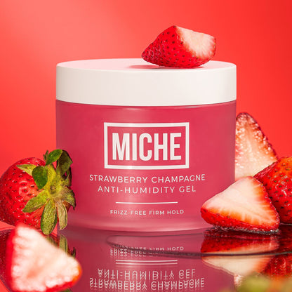 Miche strawberry champagne anti-humidity gel jar with strawberries on a red background