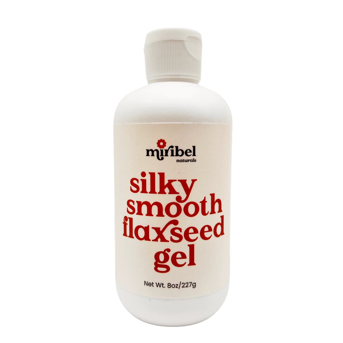 A white bottle of Miribel Naturals silky smooth flaxseed gel with bold red text on the label, set against a plain white background.
