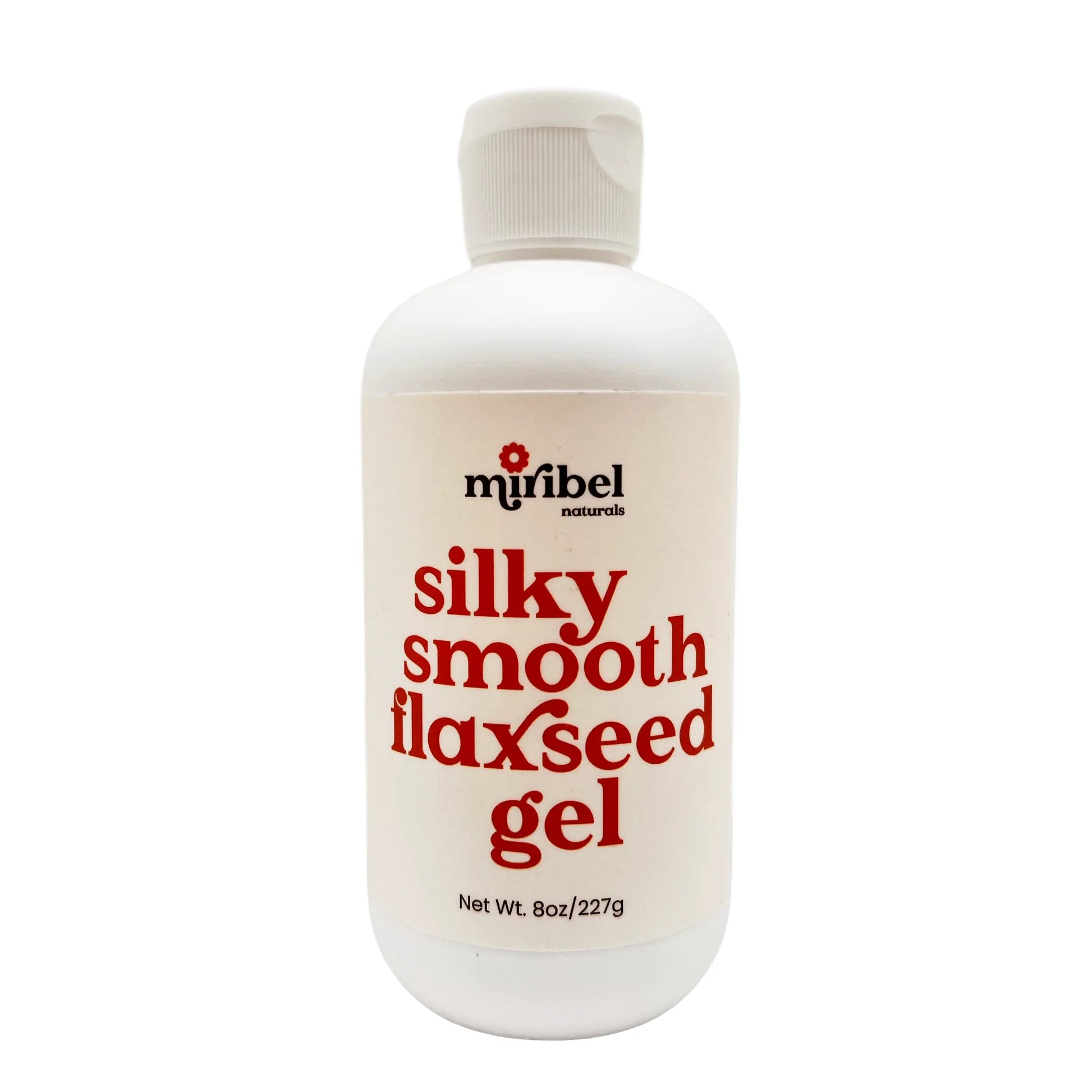A white bottle of Miribel Naturals silky smooth flaxseed gel with bold red text on the label, set against a plain white background.