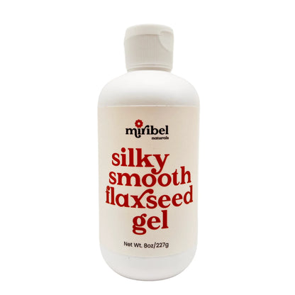 A white bottle of Miribel Naturals silky smooth flaxseed gel with bold red text on the label, set against a plain white background.