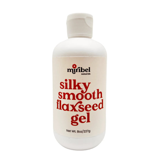 A white bottle of Miribel Naturals silky smooth flaxseed gel with bold red text on the label, set against a plain white background.
