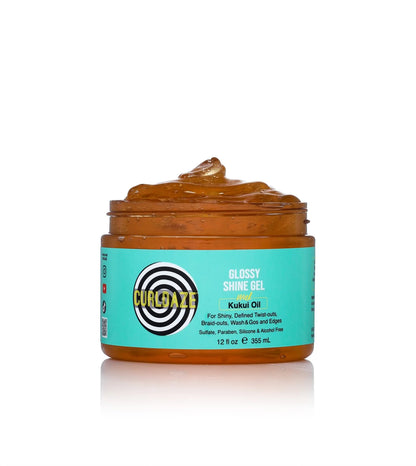 Jar of Curldaze Glossy Shine Gel with visible gel on top against a white background
