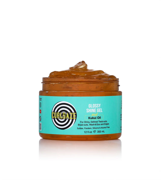 Jar of Curldaze Glossy Shine Gel with visible gel on top against a white background