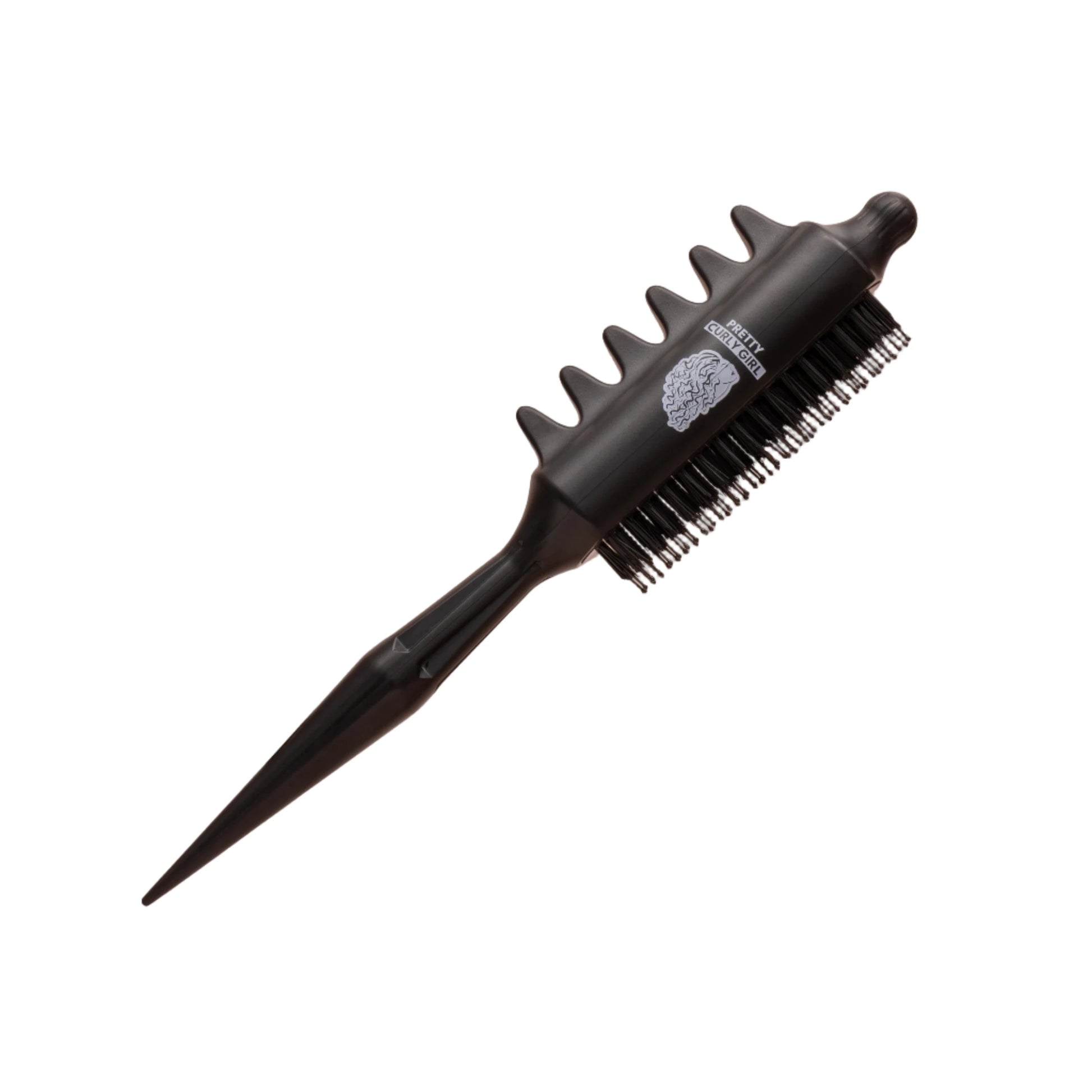 Black hairbrush with unique bristle design on a beige background