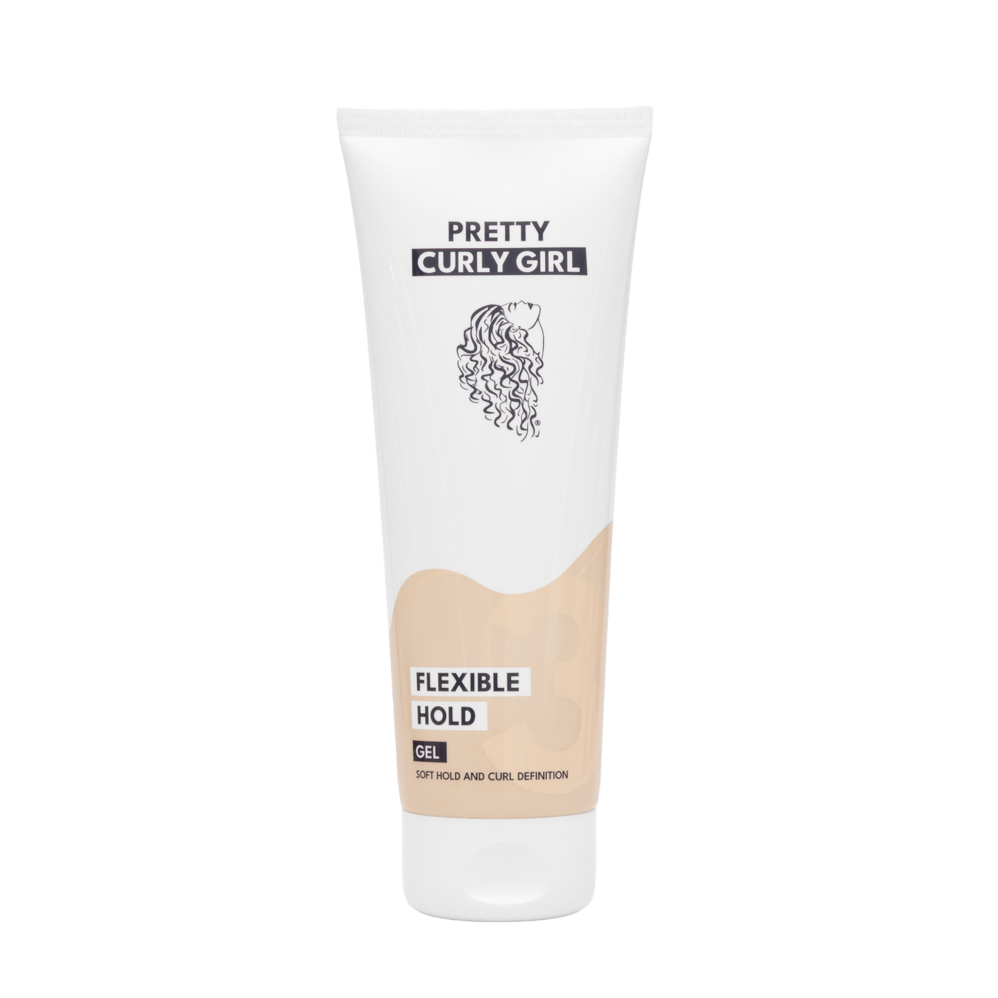 Tube of 'Pretty Curly Girl' flexible hold gel on a white background