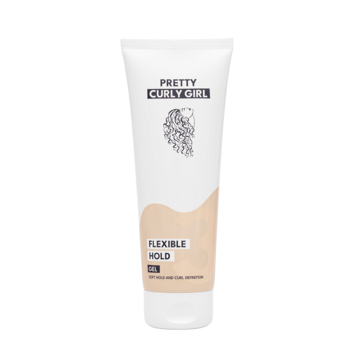Tube of 'Pretty Curly Girl' flexible hold gel on a white background