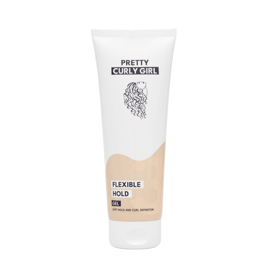 Tube of 'Pretty Curly Girl' flexible hold gel on a white background
