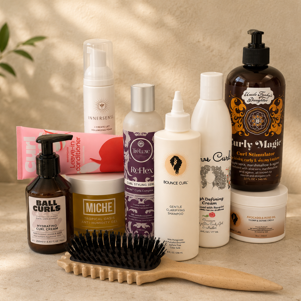 Collection of hair care products and a brush on a neutral background