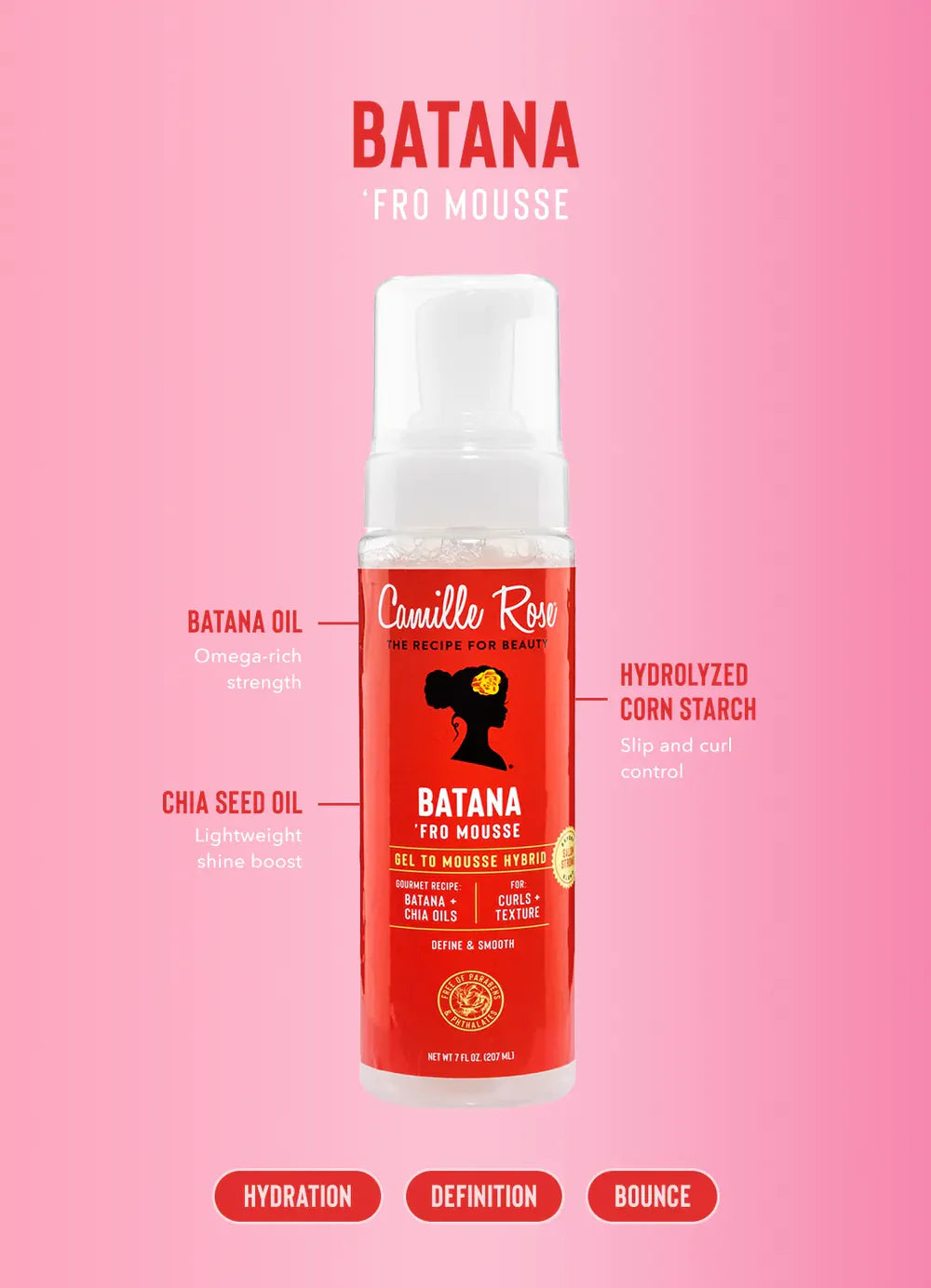 Camille Rose Batana Fro Mousse bottle on a pink background