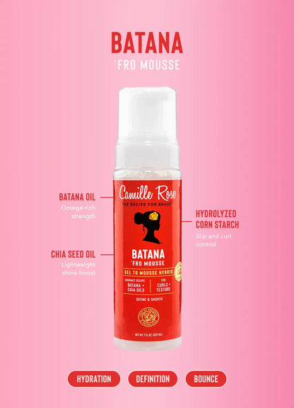 Camille Rose Batana Fro Mousse bottle on a pink background