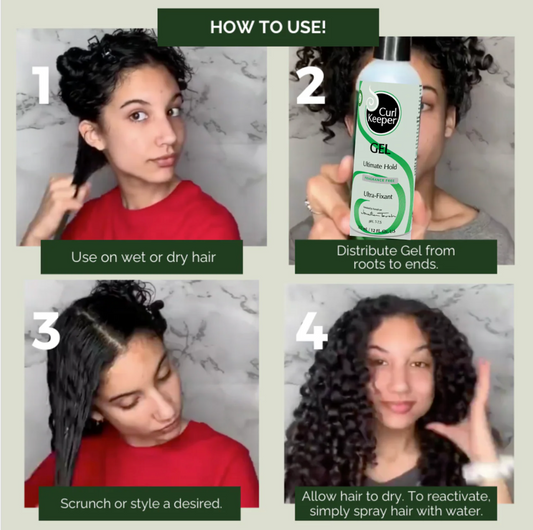 Step-by-step guide on how to use a hair product with images of a woman applying it and the product itself.