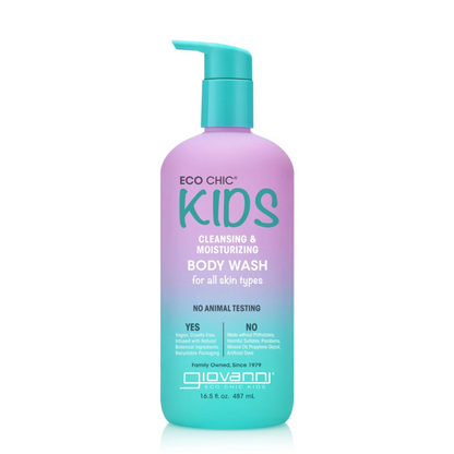 Giovanni Kids body wash bottle with purple and teal design on a white background