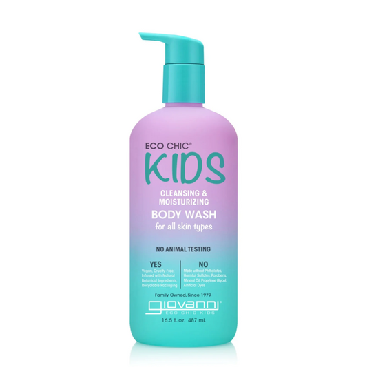 Giovanni Kids body wash bottle with purple and teal design on a white background