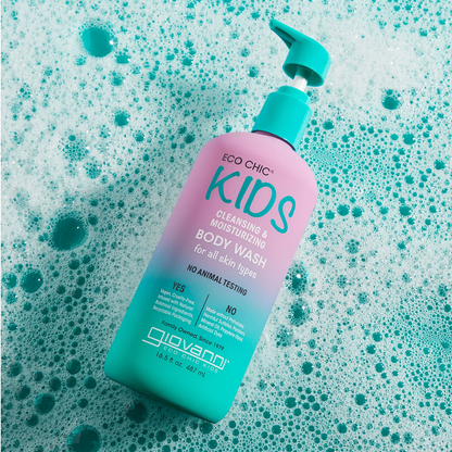 Giovani Eco Chic Kids body wash bottle on a background of bubbles