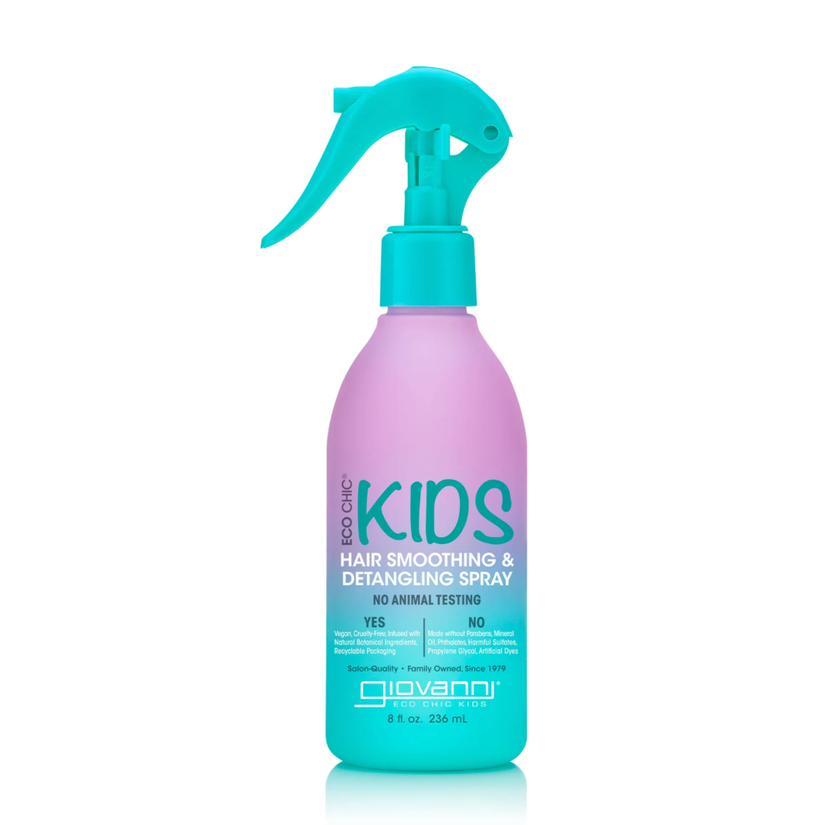 Purple and teal bottle of Giovanni Kids hair smoothing and detangling spray on a white background