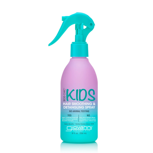 Purple and teal bottle of Giovanni Kids hair smoothing and detangling spray on a white background