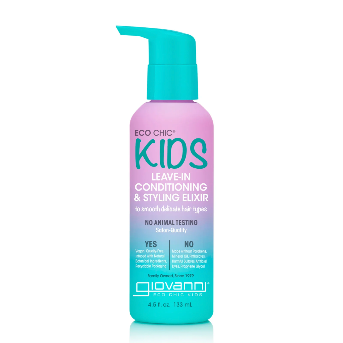 Bottle of Eco Chic Kids leave-in conditioning and styling elixir on a white background